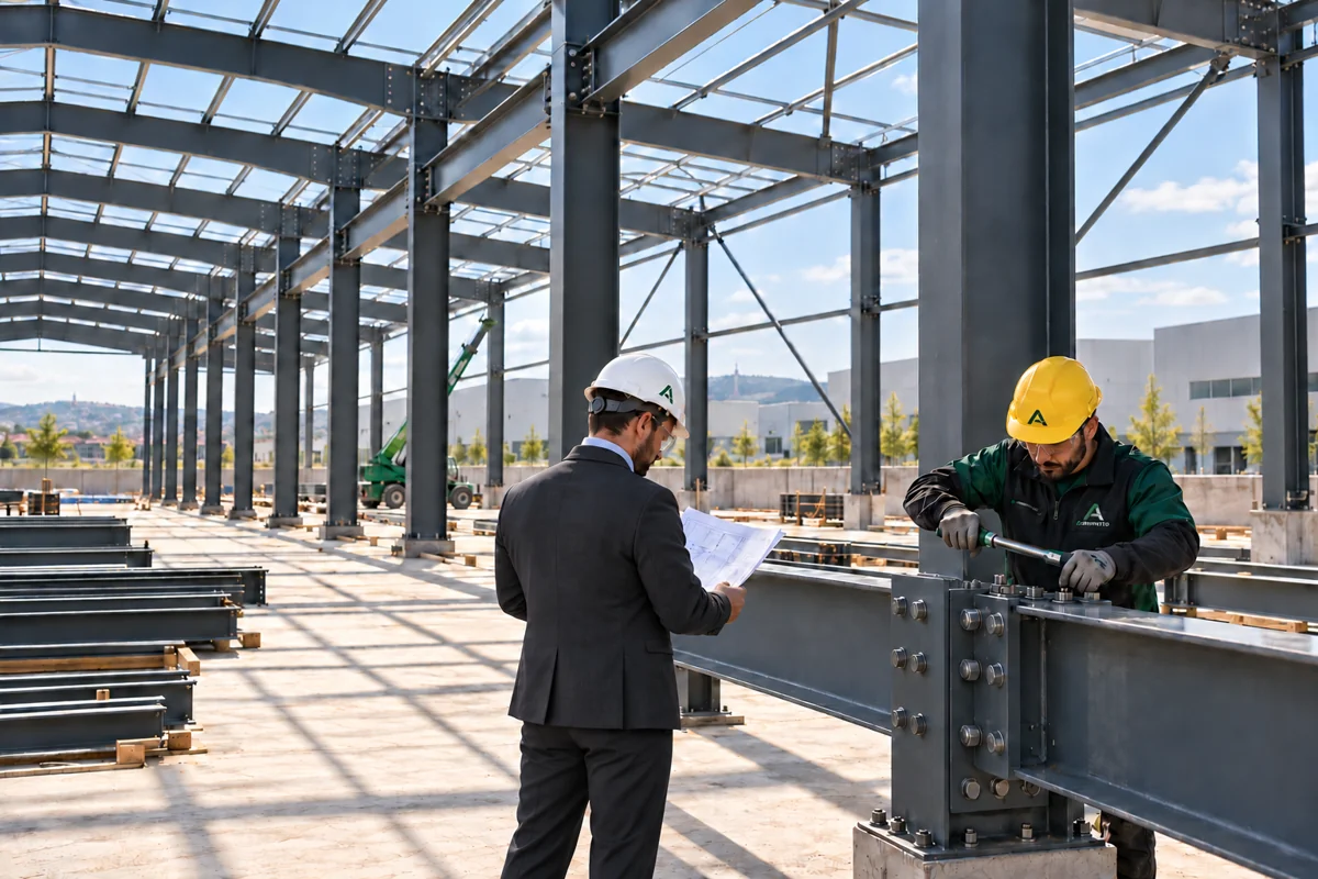 Ingeniero y montador revisando una estructura metálica industrial